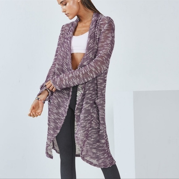 Fabletics Moscow Wrap Cream Eggplant Open Front Knit Cardigan‎ Sweater Sz small - Picture 1 of 10